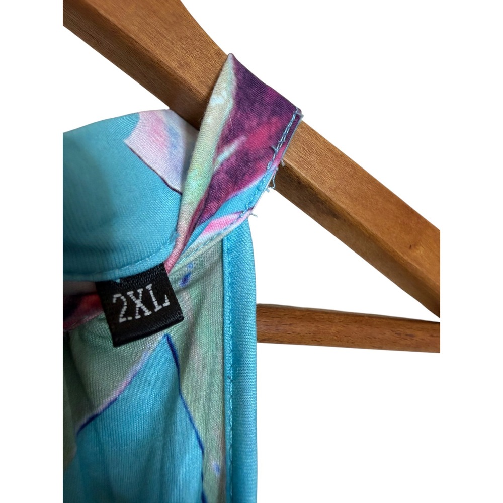 Floral Halter Neck Fit and Flare Dress Turquoise Blue Purple Sleeveless 2XL - Picture 5 of 7